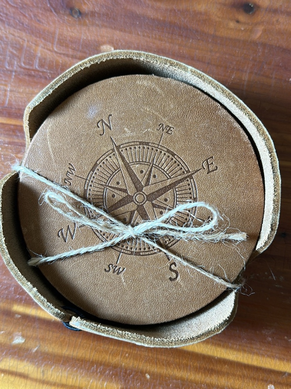 Compass-Embossed Brown Leather Coaster Set